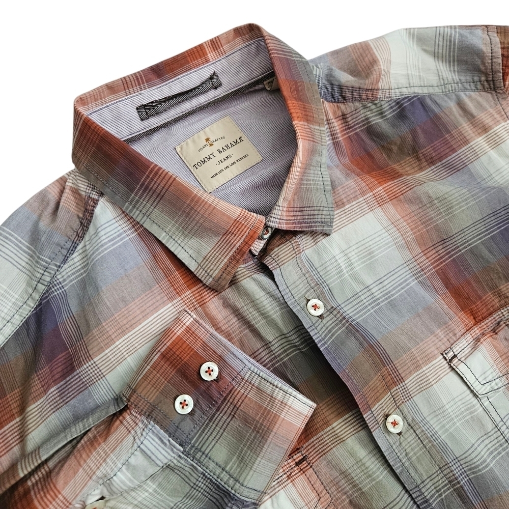 Vintage Tommy Bahama Jeans Long Sleeve Cotton Shirt Sz XL Orange Green Plaid‎